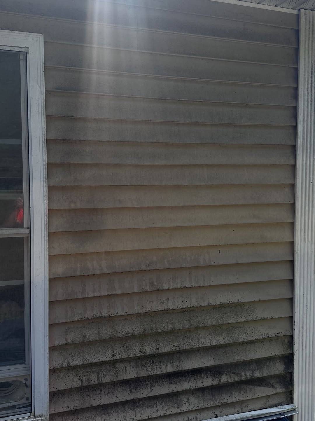 Before: Tan vinyl siding with heavy dark mildew streaks