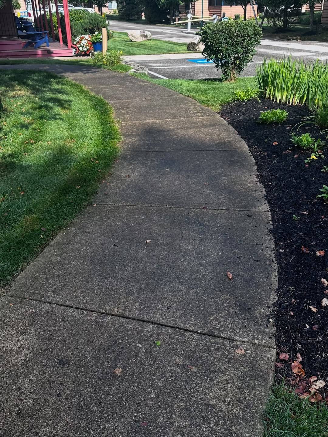 Before: A curved concrete walkway darkened with dirt